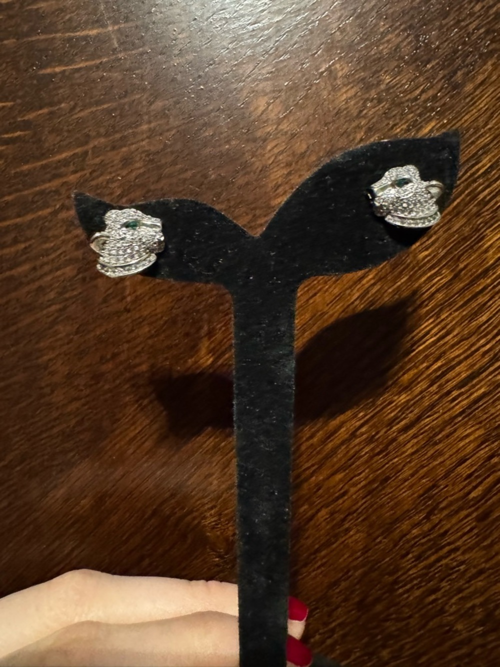 Stainless Steel Pave Panther Stud Earrings with Green Eye Accent